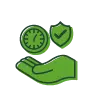 Hand holding clock and shield icon symbolising efficient, reliable and effective service